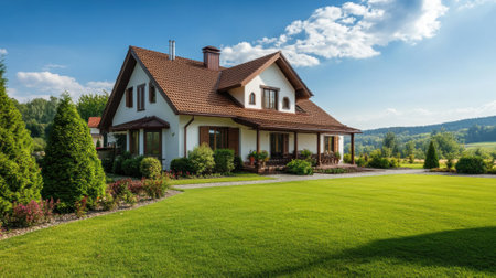 A large house sitting on a lush green lawn with trees, AIの素材