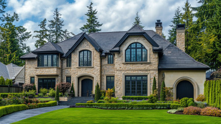 A large house with a nice yard and lush green grass, AIの素材