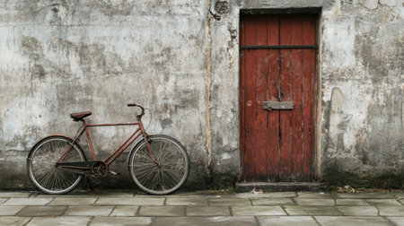 A bicycle leaning against a wall next to an old door, AIの素材