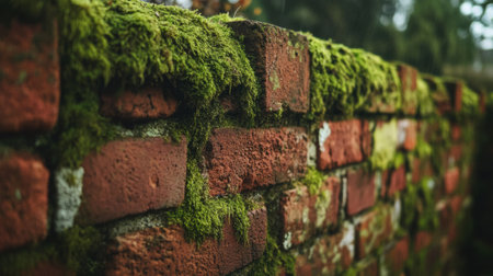 A brick wall covered in moss and green plants, AIの素材