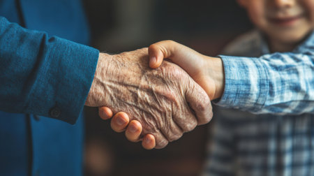 A close up of a young boy shaking hands with an older man, AIの素材