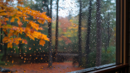 A view of a window with rain drops on it and trees in the background, AIの素材