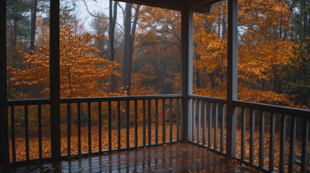 A porch with a view of the woods and trees in autumn, AIの素材