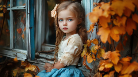 A little girl with blue dress sitting on window sill, AIの素材