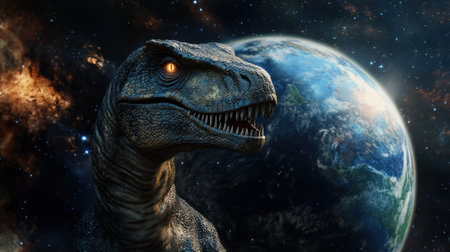 A close up of a dinosaur with glowing eyes and the earth in background, AIの素材