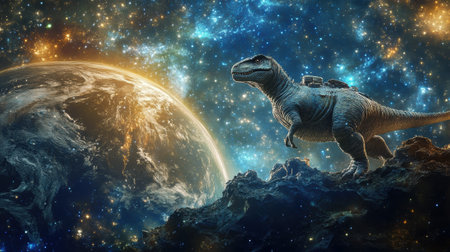 A dinosaur is standing on top of a rock in front of the earth, AIの素材