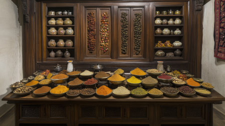 A display of a table with bowls and spoons filled with spices, AIの素材