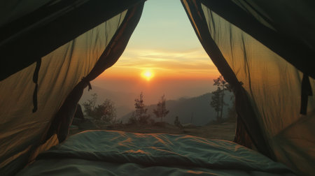 A view of a tent with the sun setting behind it, AIの素材