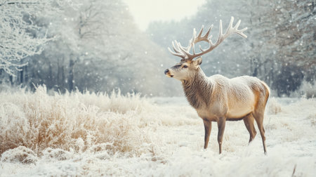 A deer standing in a snowy field with trees and grass, AIの素材