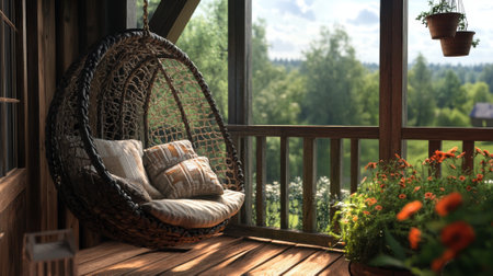 A hanging chair on a porch with flowers and plants, AIの素材
