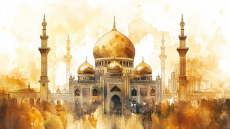 A painting of a large mosque building with minarets and domes, AIの素材