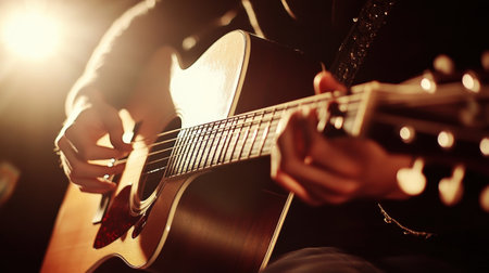 A person playing a guitar with their hands in the dark, AIの素材