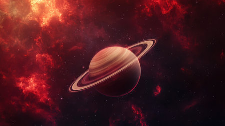A close up of a saturn in outer space with red and orange stars, AIの素材