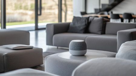 A living room with a gray couch and ottoman, white coffee table, AIの素材