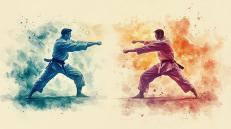 Two men in martial arts poses with watercolor splashes, AIの素材