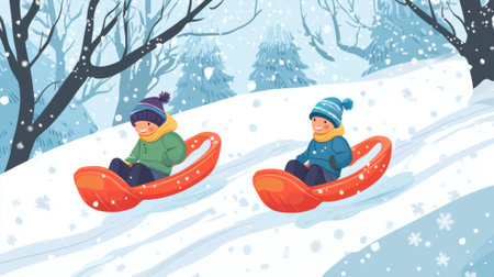 Two children are sledding down a snowy hill in the winter, AIの素材