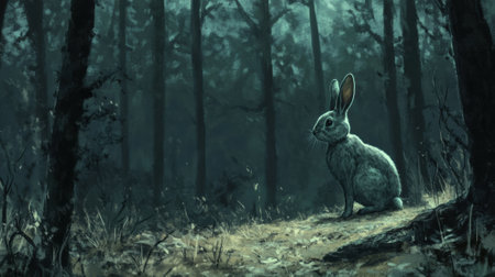 A painting of a rabbit sitting in the woods by itself, AIの素材