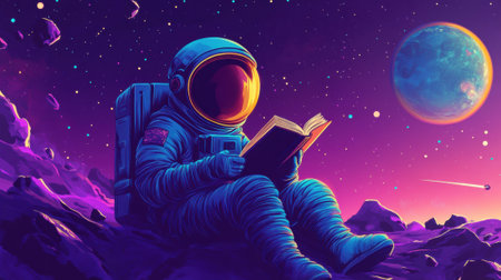 An astronaut is reading a book on the moon, AIの素材