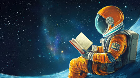 A man in an orange space suit sitting on the moon reading a book, AIの素材