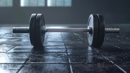 A dumbbell on a tiled floor in front of windows, AIの素材