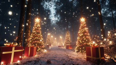 A forest with christmas trees and presents lit up in the night, AIの素材