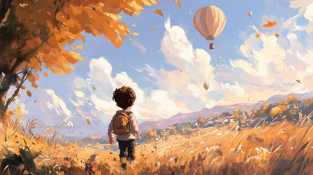 A boy with backpack walking through a field of tall grass, AIの素材