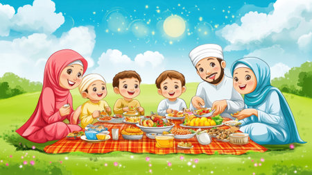 A cartoon family eating a picnic in the park, AIの素材