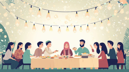 A group of people sitting around a table eating food, AIの素材