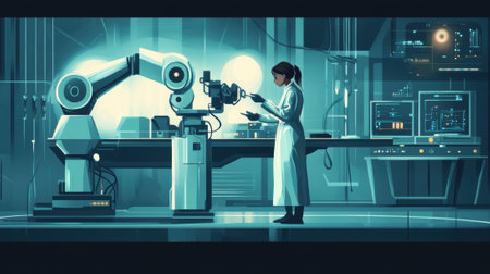 A woman in white lab coat working on a robot, AIの素材