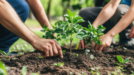 Three people planting trees in the ground with their hands, AIの素材