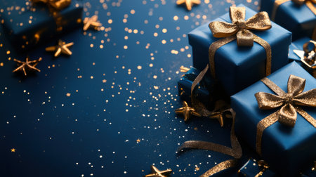A close up of blue presents with gold bows and stars, AIの素材