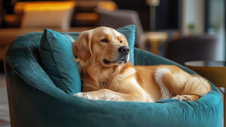A dog laying on a blue chair in front of the couch, AIの素材