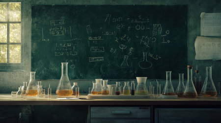 A classroom with a chalk board and many beakers on the table, AIの素材