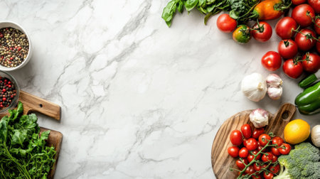 A table with a variety of vegetables on it and some herbs, AIの素材