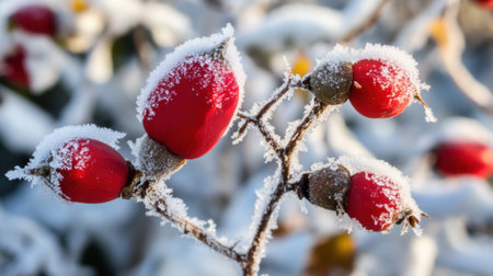 A close up of a plant with red berries covered in snow, AIの素材