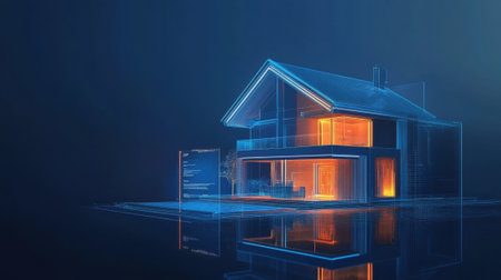 A house is shown in a blue and orange light, AIの素材