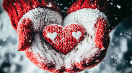 Two hands holding a heart shaped mitten in the snow, AIの素材