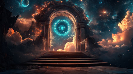 A stairway leading to a door in the sky with clouds and stars, AIの素材