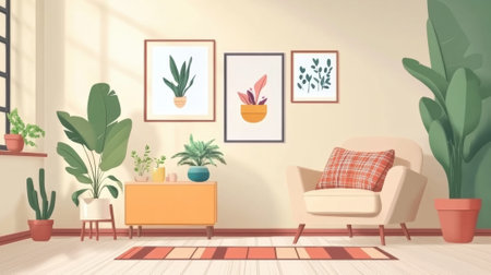 A living room with a chair, potted plants and pictures on the wall, AIの素材