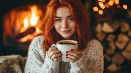 A woman holding a cup of coffee in front of her fireplace, AIの素材