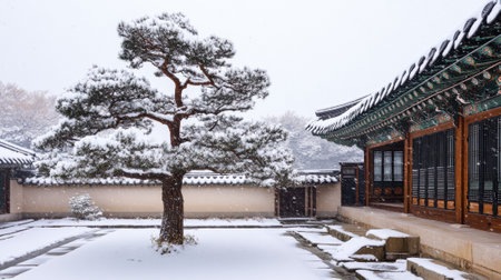 A tree in a courtyard covered with snow during the winter, AIの素材
