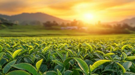 A field of green plants with a sunset in the background, AIの素材