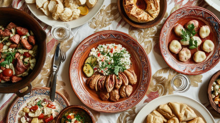 A table topped with plates of food and bowls filled with bread, AIの素材