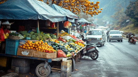 A fruit stand on a street with cars parked in the background, AIの素材