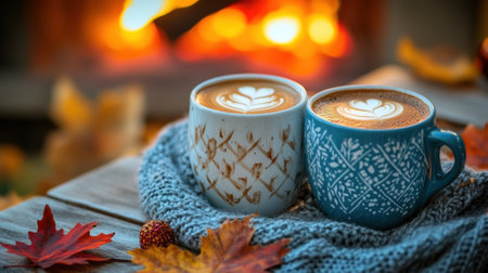 Two cups of coffee sitting on a table with autumn leaves, AIの素材