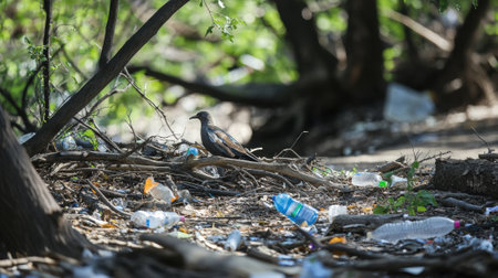 A bird sitting on a pile of trash in the woods, AIの素材