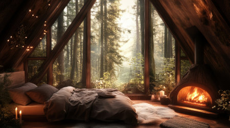 A bedroom with a fireplace and bed in the middle of it, AIの素材