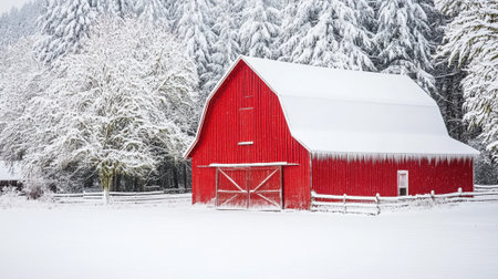 A red barn in a snowy field with trees behind it, AIの素材