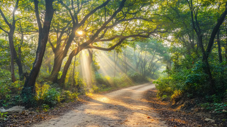 A dirt road in the middle of a forest with sunbeams coming through, AIの素材
