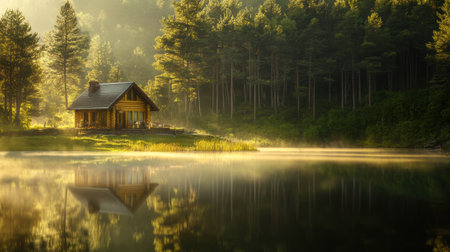 A small cabin sits on a lake surrounded by trees, AIの素材